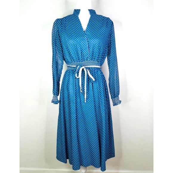 Vintage Holly-Mode of California Dress Size 10 Polka Dot Tie Waist Shirred‎ - Picture 1 of 9
